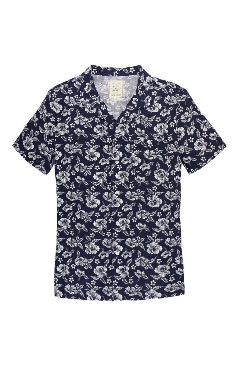 Hope & Henry Men's Linen Short Sleeve Camp Shirt, Alternate, color, Navy Hibiscus Linen