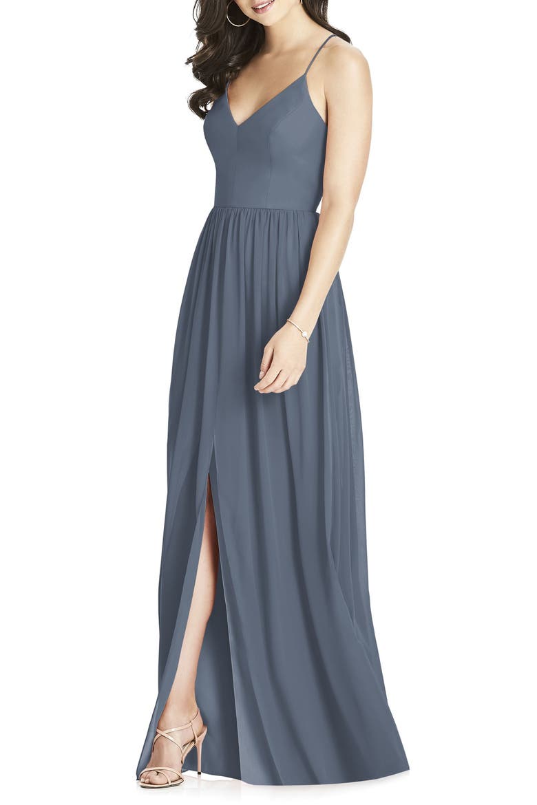 Spaghetti Strap Chiffon A-Line Gown, Main, color, SILVERSTONE