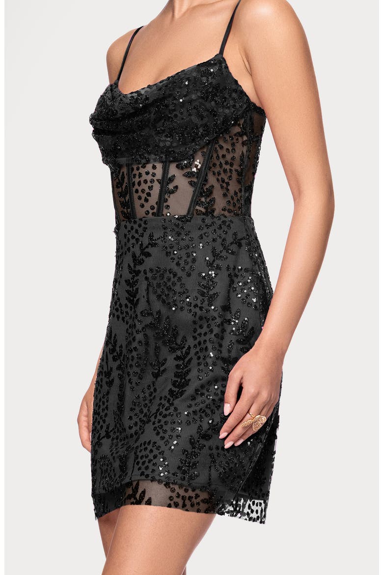 Illusion Mesh Lace-Up Glitter Minidress, Alternate, color, BLACK