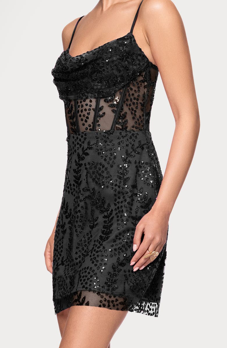 Blondie Nites Illusion Mesh Lace-Up Glitter Minidress, Alternate, color, Black