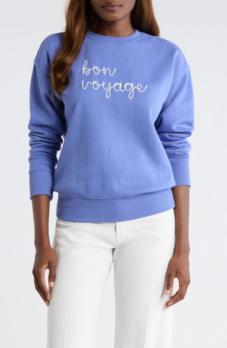 Caslon<sup>®</sup> Bon Voyage Embroidered Fleece Sweatshirt, Main, color, Blue Denim Bon Voyage