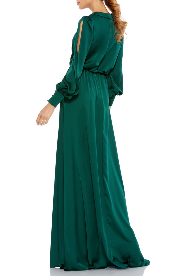 Satin Dress with Cinched Waist and Thigh-High Slit, Alternate, color, DEEP EMERALD