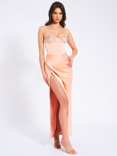 Miss Circle Women Amelia Blush Satin Corset Slit Gown With Crystal Embellished In Pattern