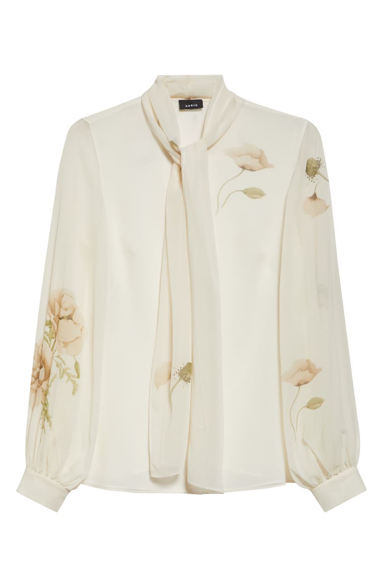 Akris Anemone Print Silk Georgette Tie Neck Shirt, Alternate, color, Greige-Ecru