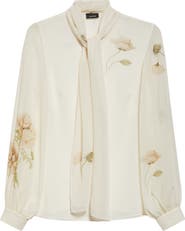 Akris Anemone Print Silk Georgette Tie Neck Shirt