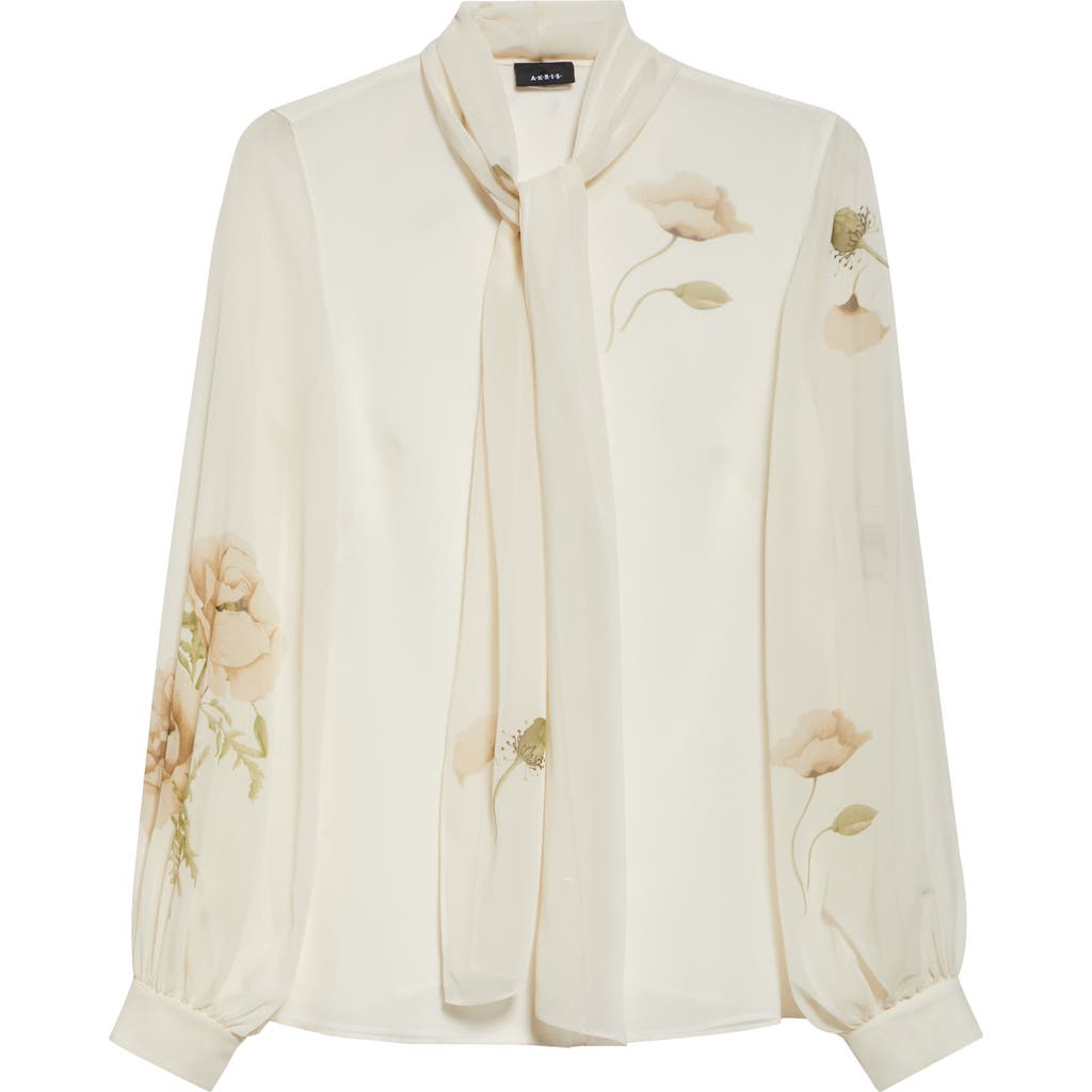 Akris Anemone Print Silk Georgette Tie Neck Shirt In Greige-ecru