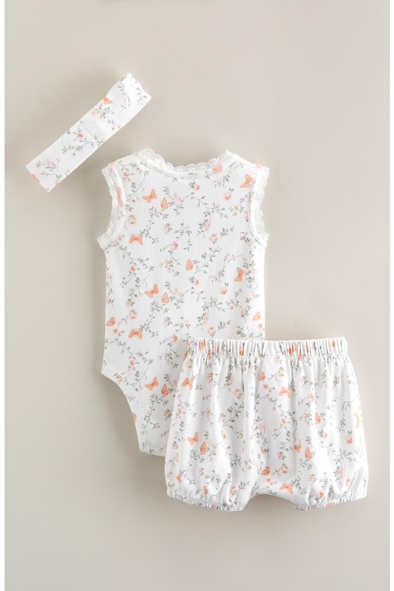 Lace Trim Bodysuit, Shorts & Headband Set, Alternate, color, WHITE- CORAL BUTTERFLY ROSE