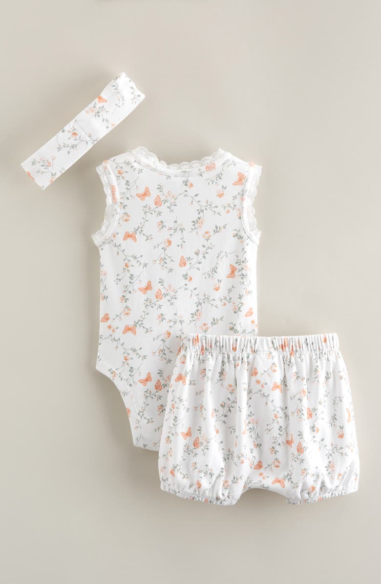 Nordstrom Lace Trim Bodysuit, Shorts & Headband Set, Alternate, color, White- Coral Butterfly Rose