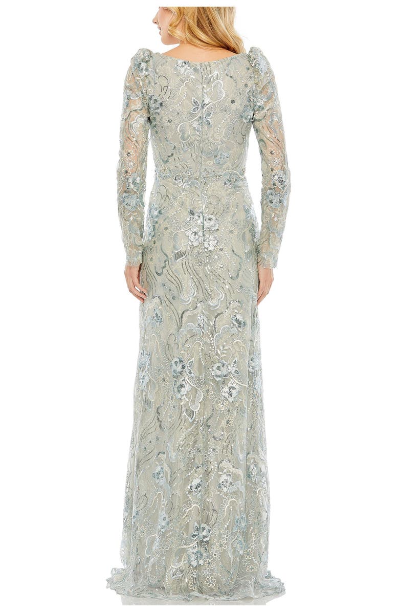 Mac Duggal Embroidered Wrap Over Puff Sleeves Trumpet Gown, Alternate, color, Seafoam