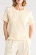 Adrianna Papell Cable Short Sleeve Fringe Hem Sweater