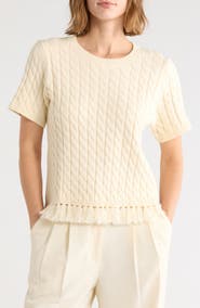 Adrianna Papell Cable Short Sleeve Fringe Hem Sweater