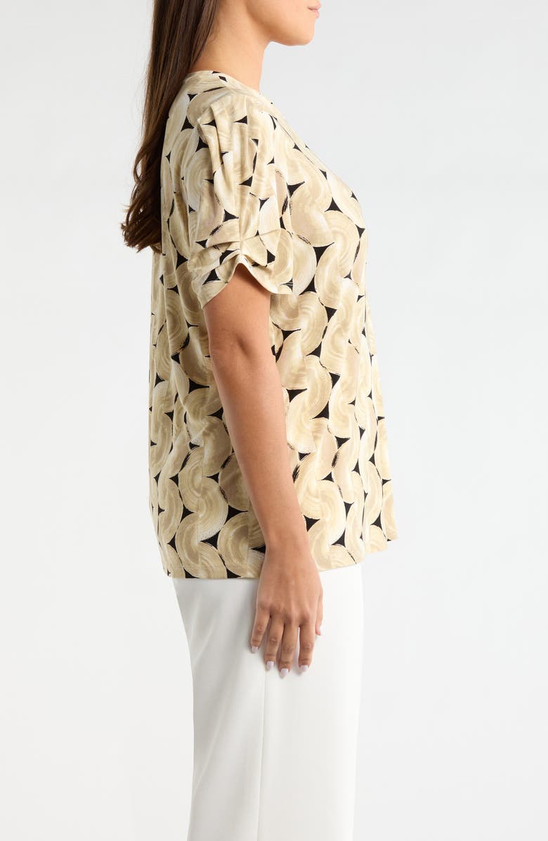 AK ANNE KLEIN Print Pleat Short Sleeve Top, Alternate, color, Latte Multi