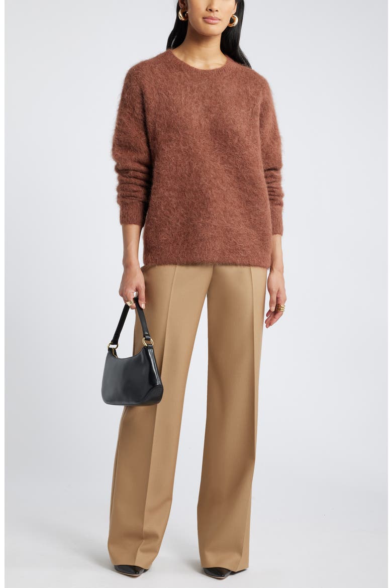 Fuzzy Textured Alpaca Blend Crewneck Sweater, Alternate, color, BROWN BRUNETTE