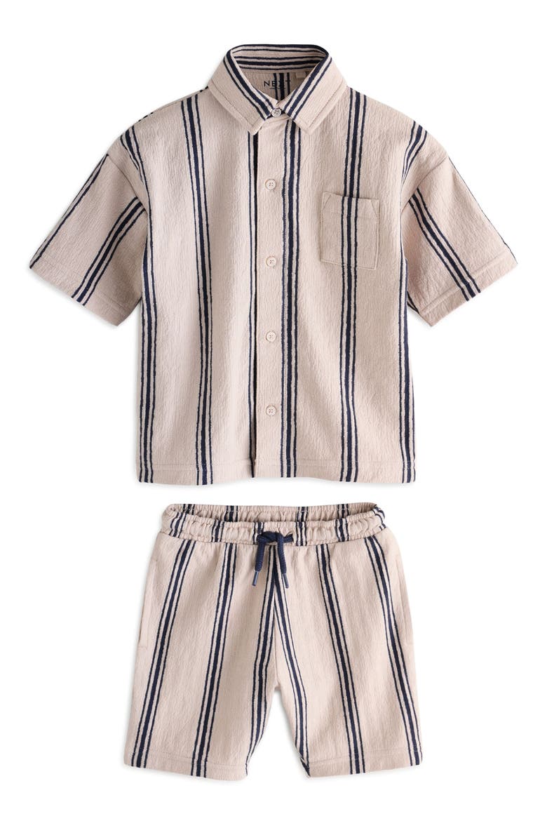 Kids' Stripe Knit Short Sleeve Cotton Button-Up Shirt & Drawstring Shorts Set, Main, color, NEUTRAL