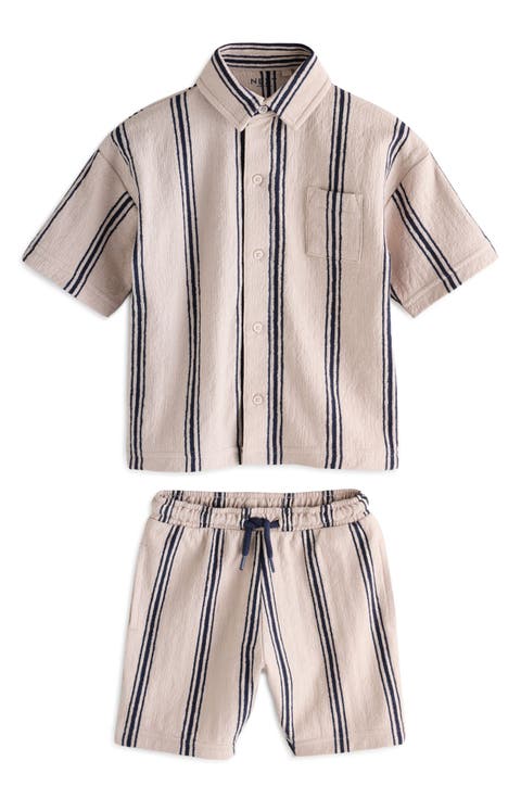Kids' Stripe Knit Short Sleeve Cotton Button-Up Shirt & Drawstring Shorts Set (Little Kid)