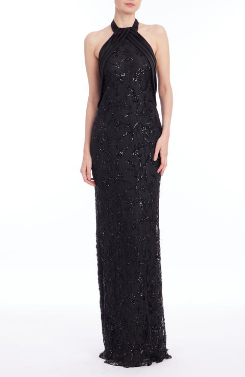 Sequined Lace Halter Neck Gown
