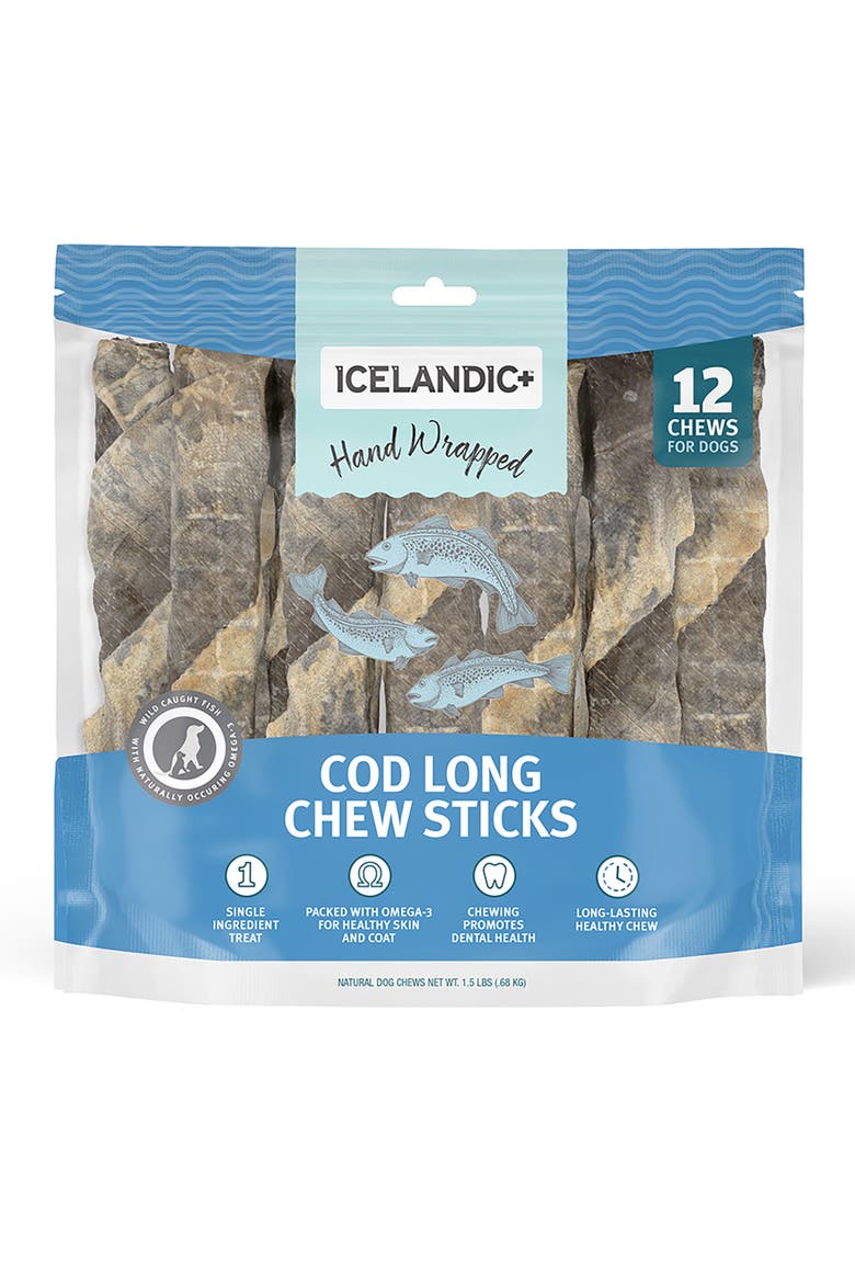 Cod Skin 10" Long Dog Chew Sticks Treat, 2 Pack Bag, Main, color, Multicolored