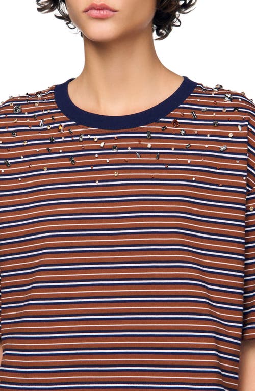 Sandro Striped Rhinestone T-shirt In Brown