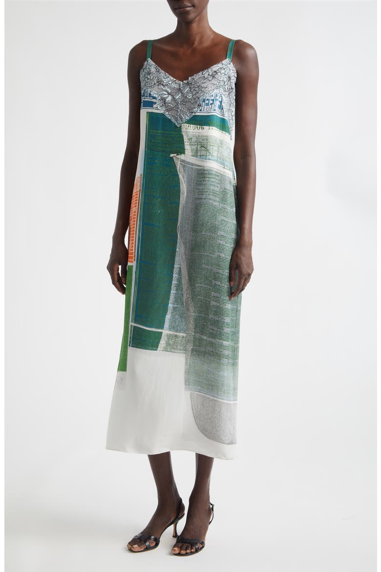 Collage Print Lace Trim Silk Midi Dress, Main, color, BLUE GREEN MULTI