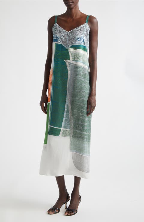 Collage Print Lace Trim Silk Midi Dress