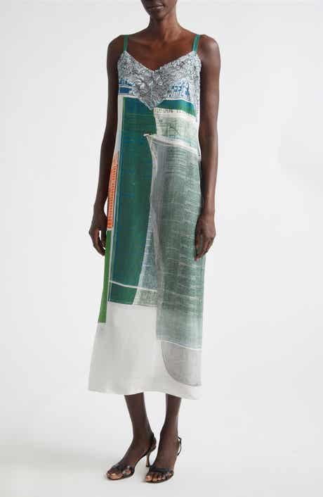 Collage Print Lace Trim Silk Midi Dress