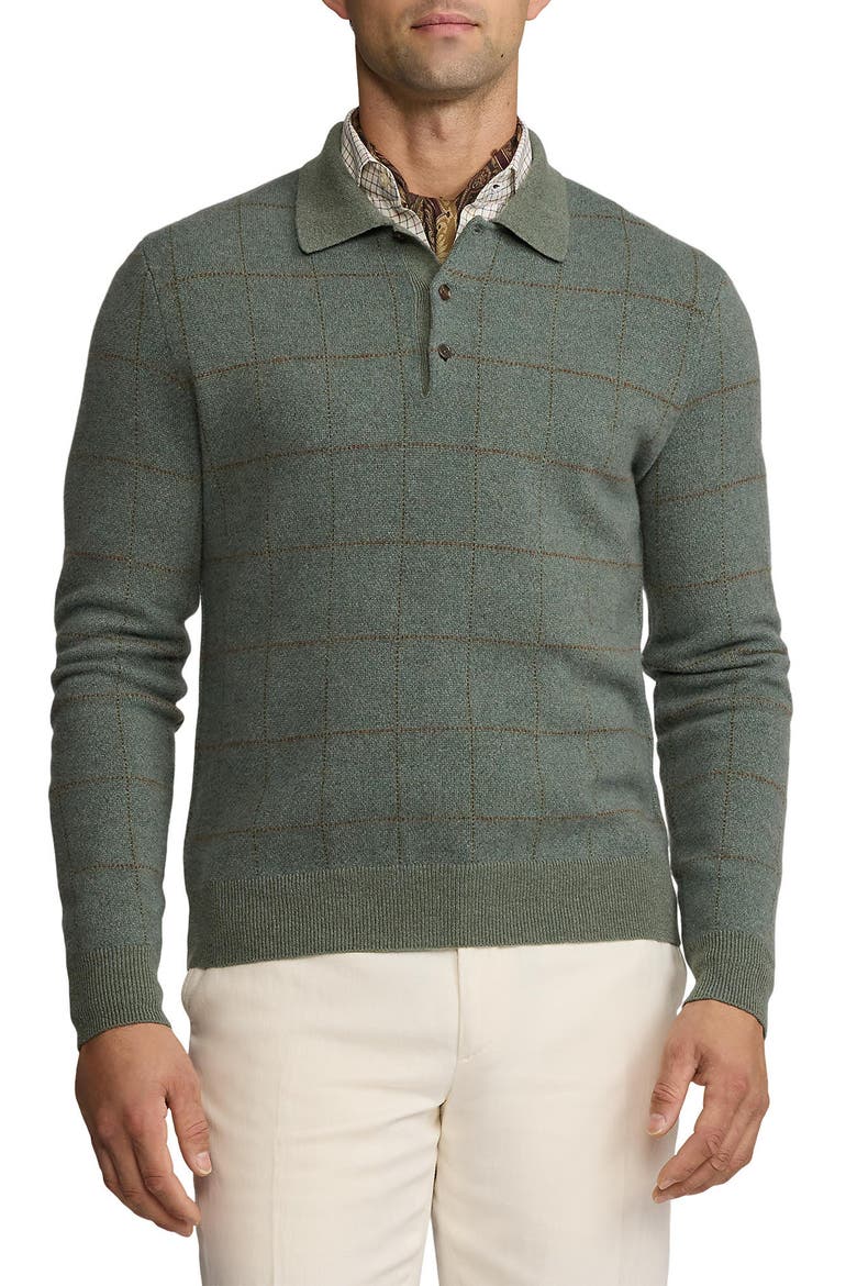 Windowpane Plaid Cashmere & Wool Polo Sweater, Main, color, SEA SPRAY MELANGE