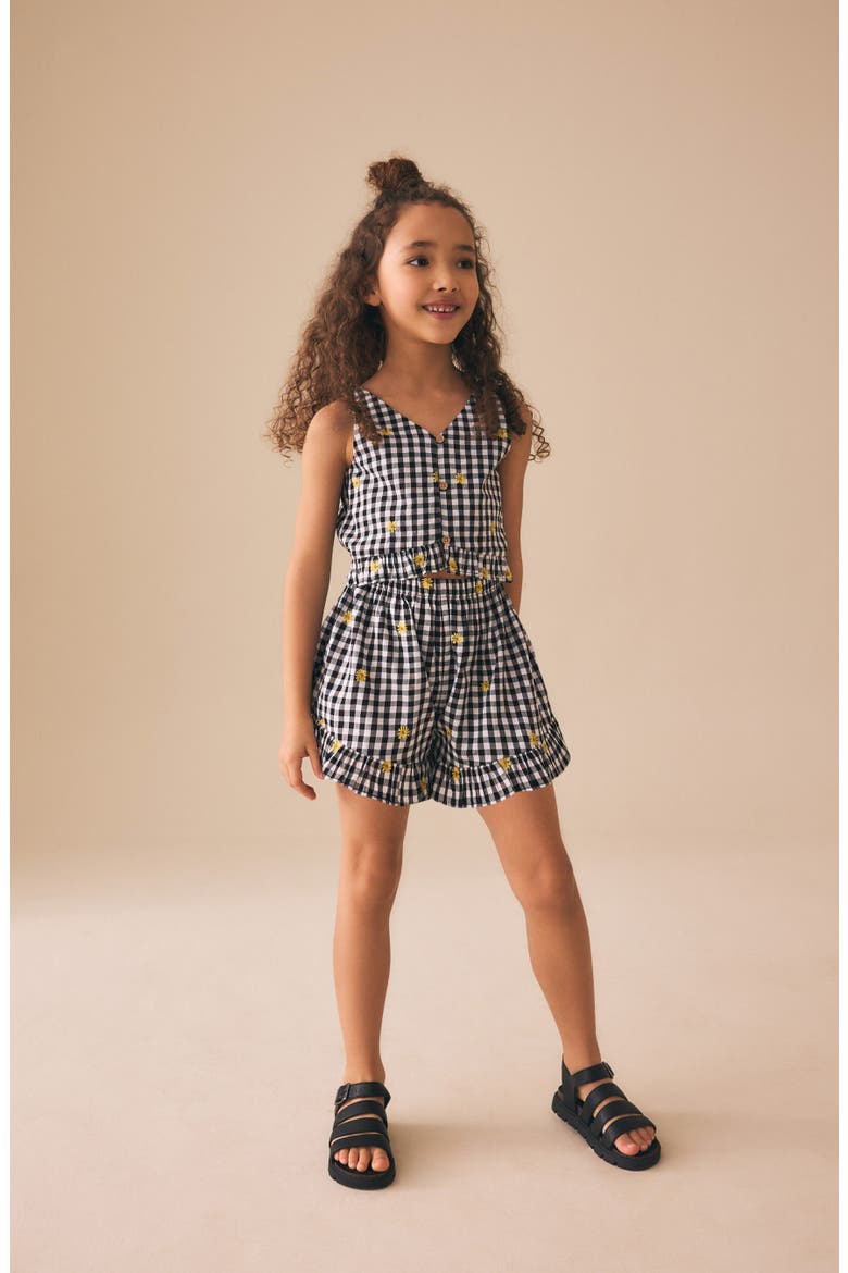 Kids' Gingham Ruffle Embroidered Cotton Romper, Alternate, color, BLACK MULTI