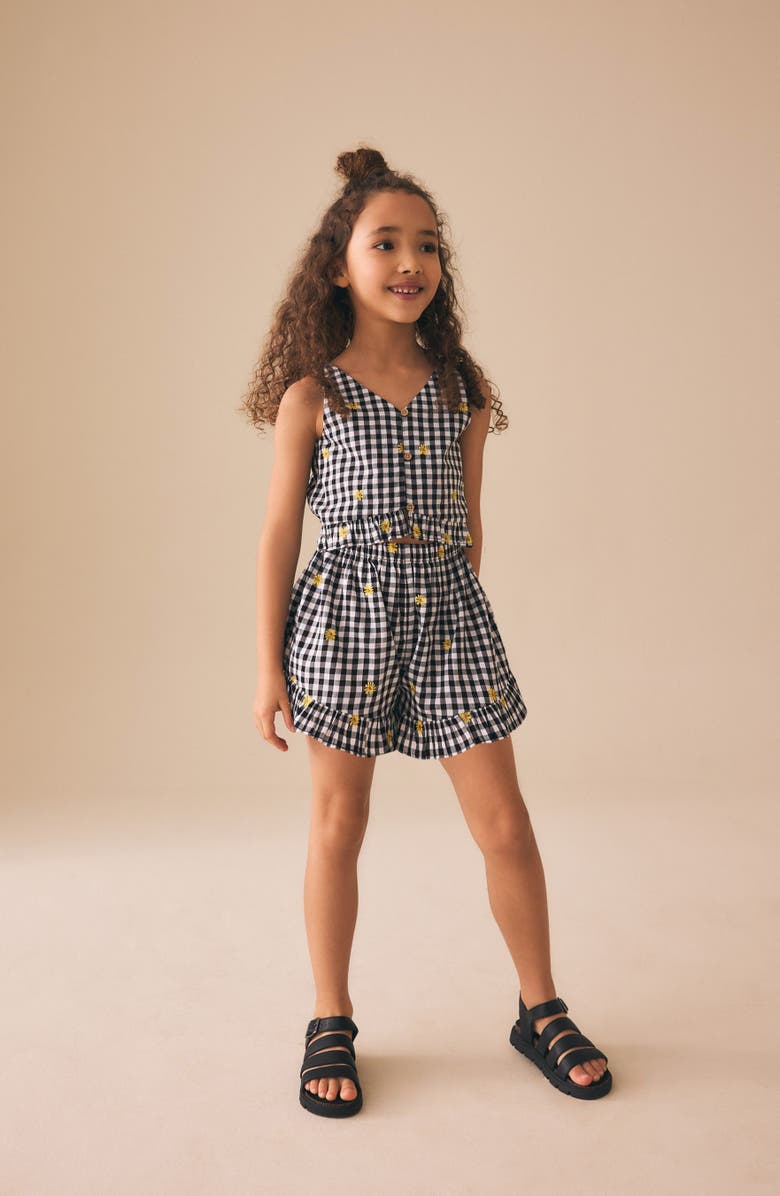 NEXT Kids' Gingham Ruffle Embroidered Cotton Romper, Alternate, color, Black Multi