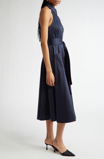 Halter Neck Belted Stretch Cotton Sateen Shirtdress