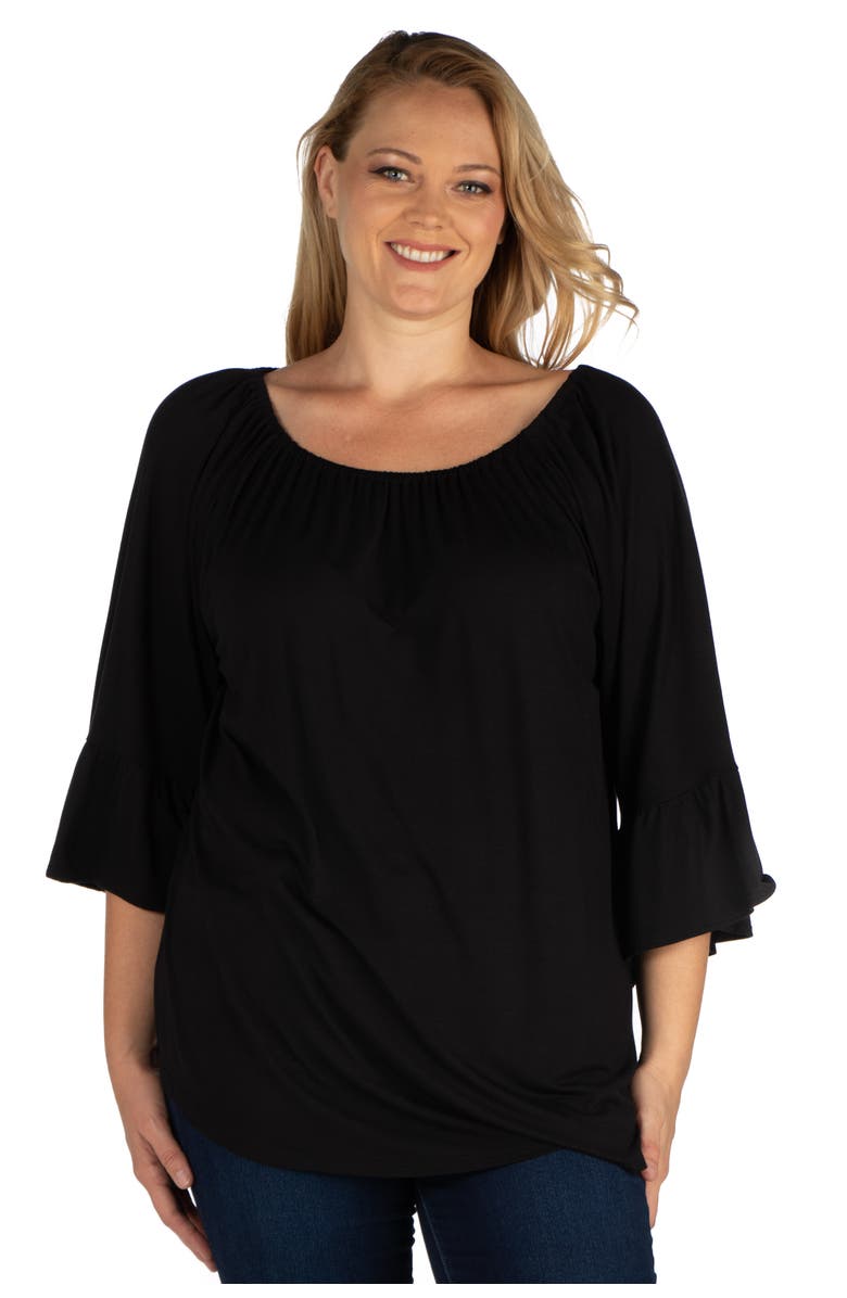 24seven Comfort Apparel Plus Size Bell Sleeve Loose Fit  Tunic Top, Main, color, Black