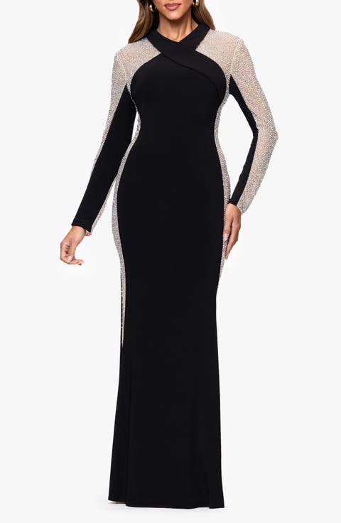 Beaded Mesh Long Sleeve Gown