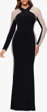 Xscape Evenings Beaded Mesh Long Sleeve Gown