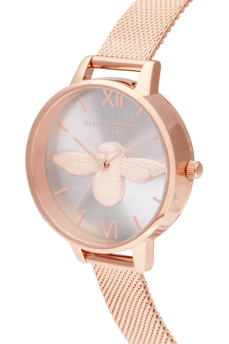 3D Bee Mesh Strap Watch, 34mm, Alternate, color, ROSE GOLD/SUNRAY/ ROSE GOLD