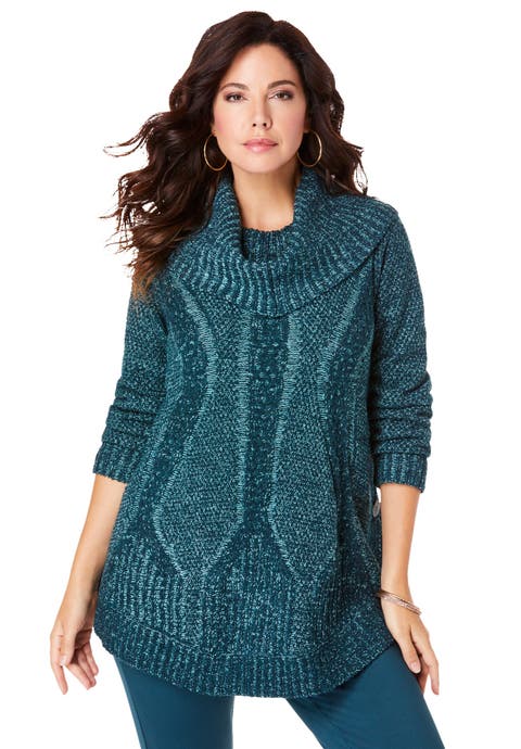 Cowl Neck Cable Pullover Sweater (plus)