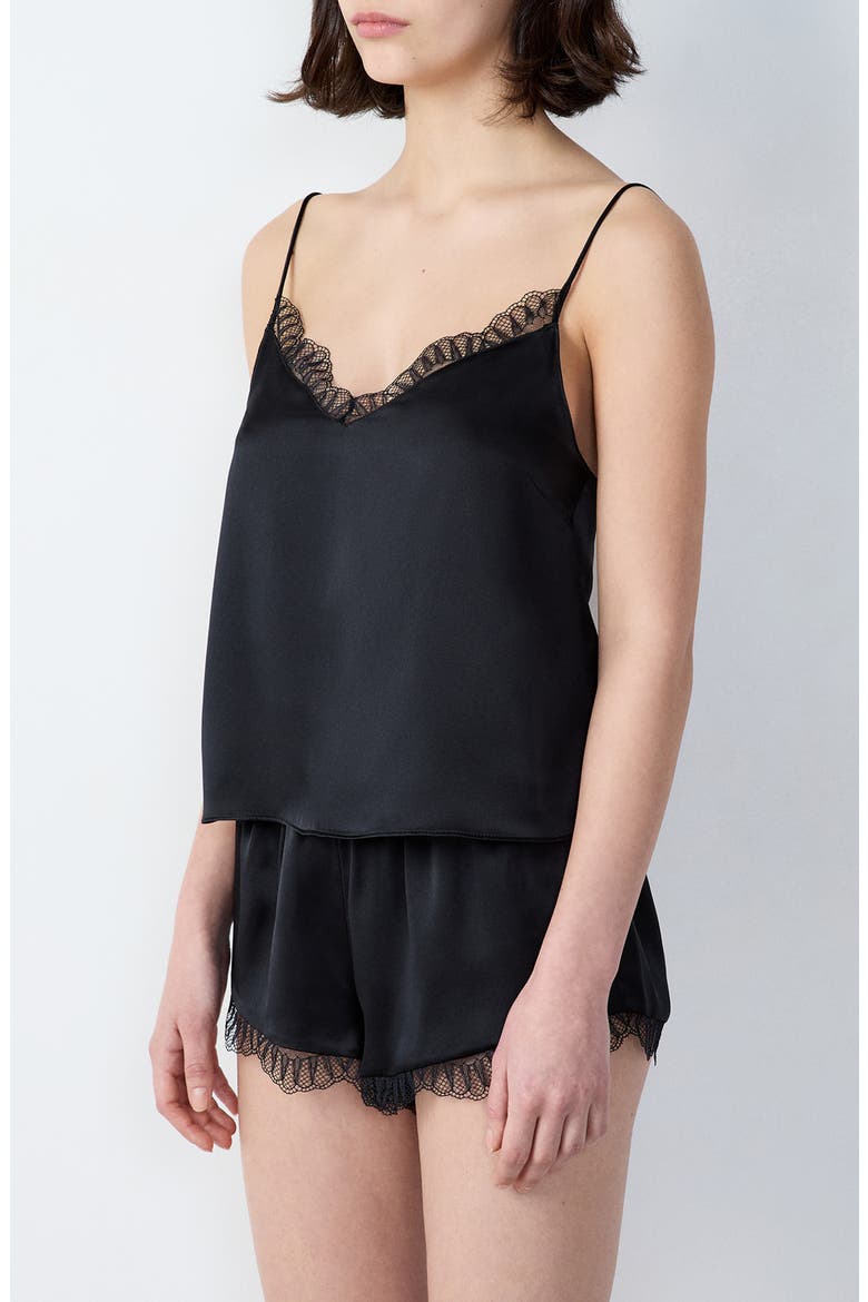 Caraco Lace Trim Silk Camisole, Main, color, BLACK