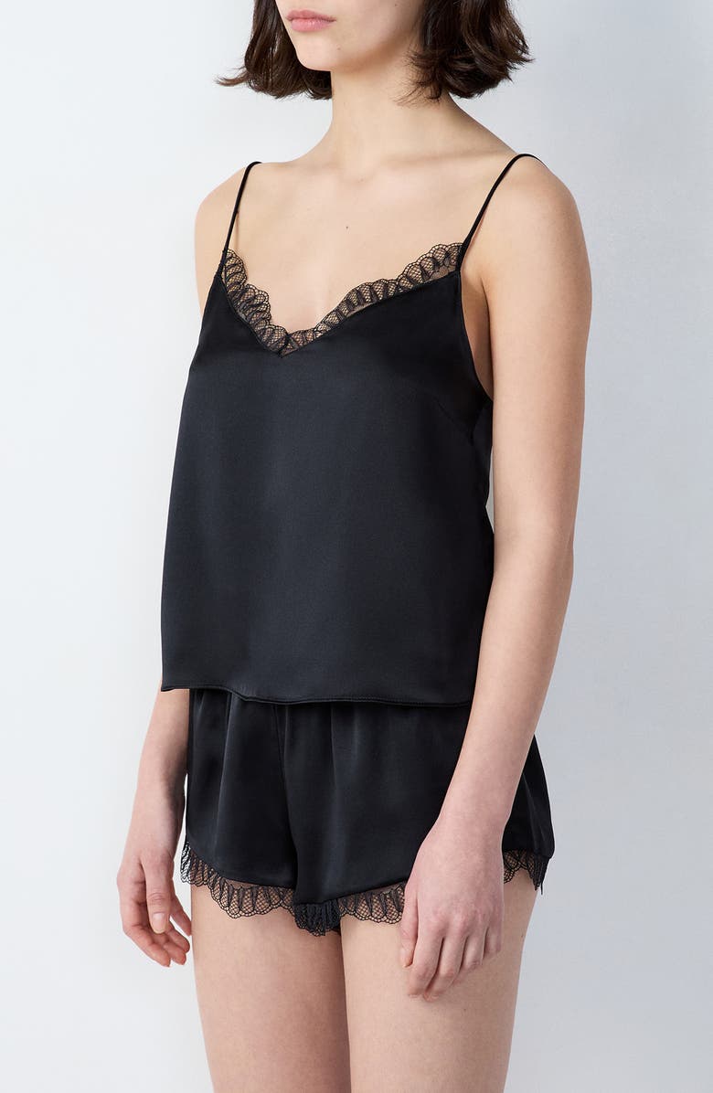 Etam Caraco Lace Trim Silk Camisole, Main, color, Black