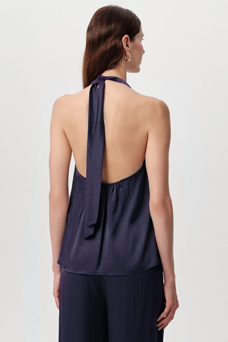Tasha Cowl Neck Halter Tie Satin Blouse, Alternate, color, Navy