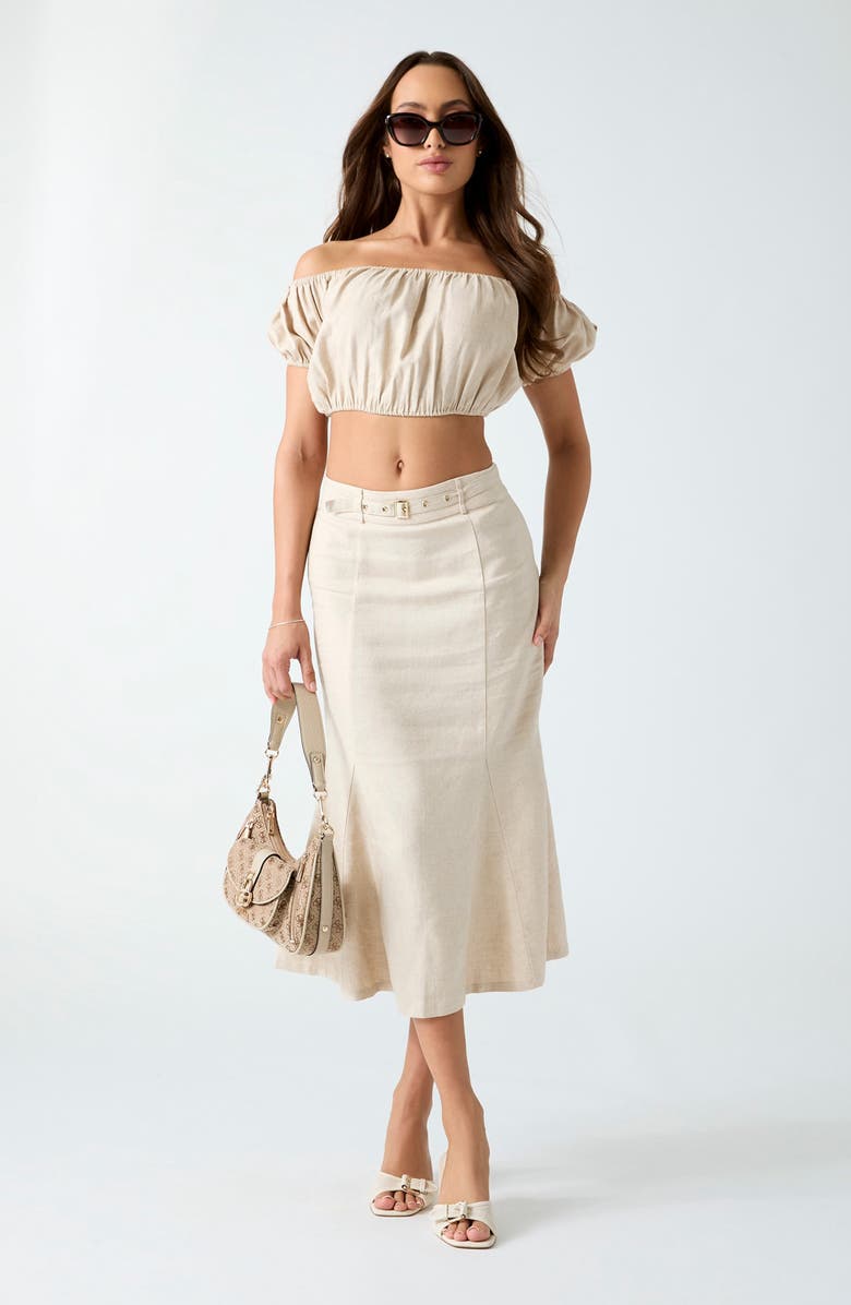 GUESS Ryan Off the Shoulder Crop Top, Alternate, color, Warm Slate Multi