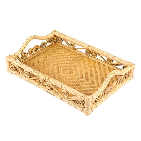 Baron Handcrafted Rattan/Wood Webbing Rectangular Woven Scroll Decorative Serving Tray with Handles