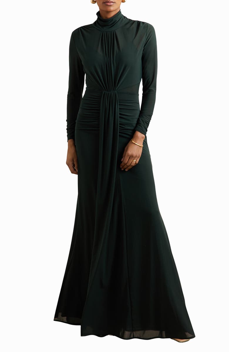 Reiss Danni Pleated Long Sleeve Mermaid Gown, Main, color, Dark Green