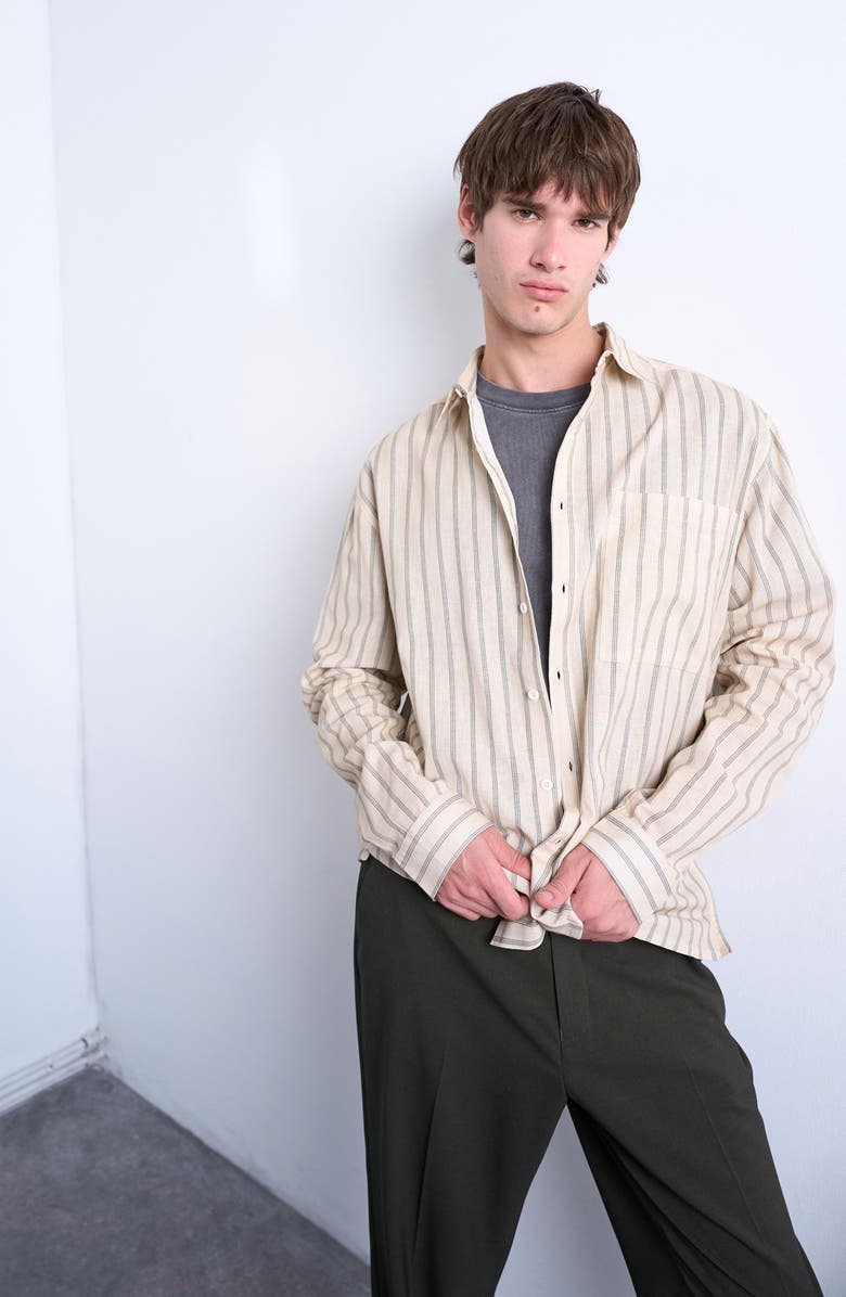 Topman Relaxed Fit Stripe Cotton & Linen Button-Up Shirt, Alternate, color, Stone