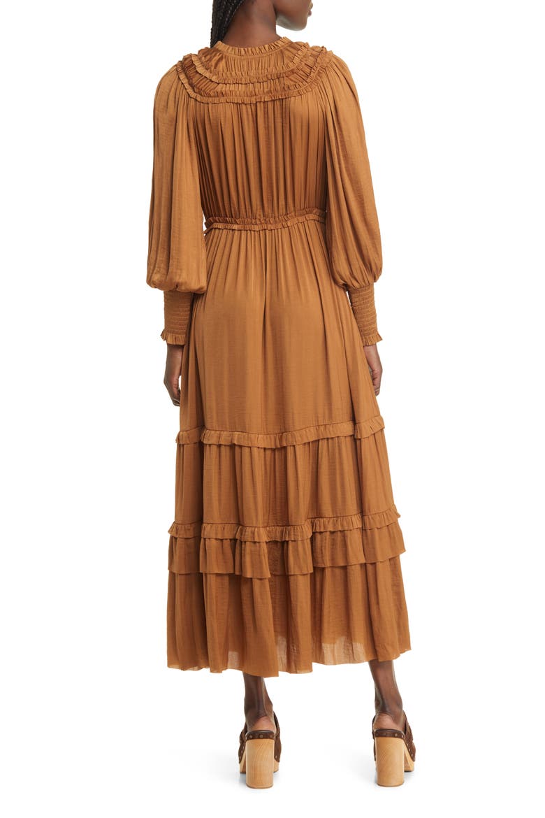 Long Sleeve Crinkle Satin Tiered Maxi Dress, Alternate, color, BROWN