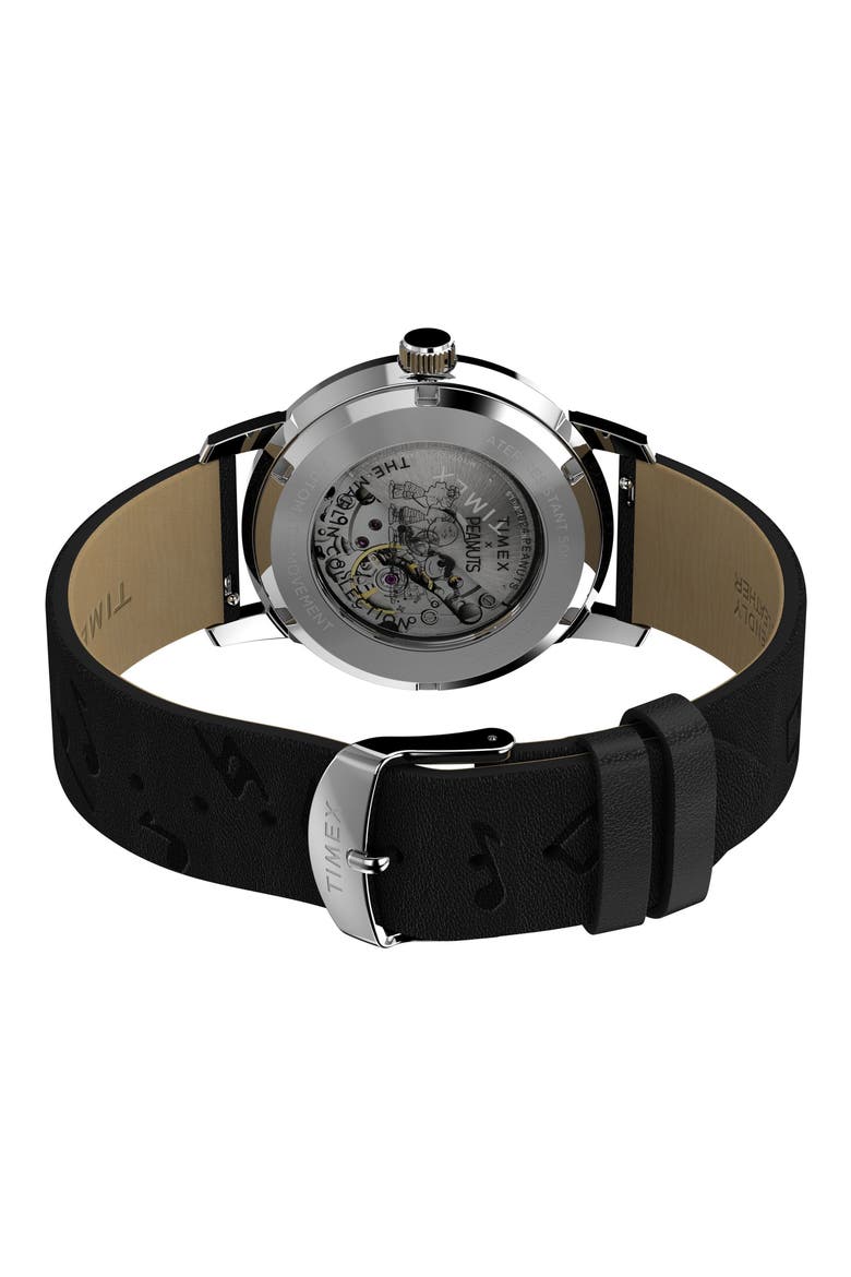 x Peanuts Marlin® Saxophonist Automatic Leather Strap Watch, 40mm, Alternate, color, SILVER
