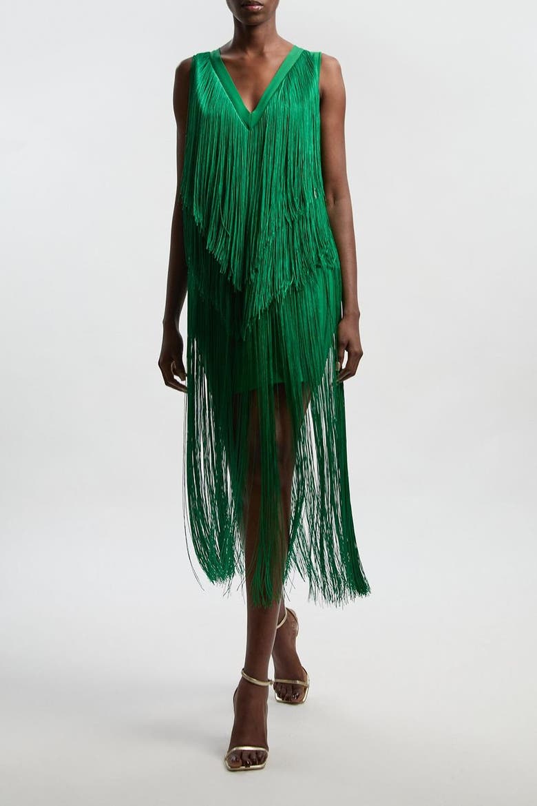 Fringe Bandage V-Neck Midi Dress, Alternate, color, Green