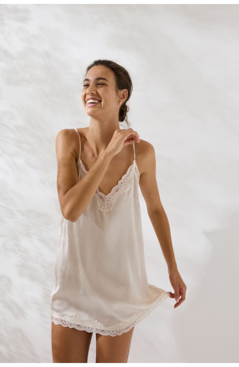 H&M Lace-trimmed satin nightgown, Alternate, color, Light Beige