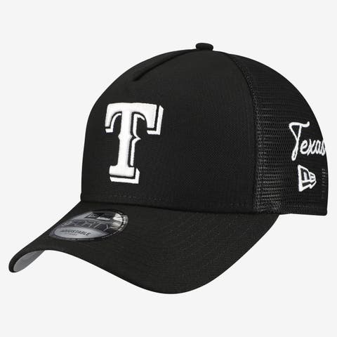 Men's New Era Black Texas Rangers Side Script 9FORTY A-Frame Trucker Adjustable Hat