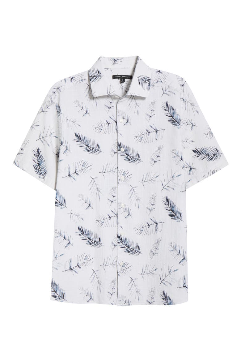 Manolo Feather Print Short Sleeve Stretch Cotton Button-Up Shirt, Alternate, color, WHITE