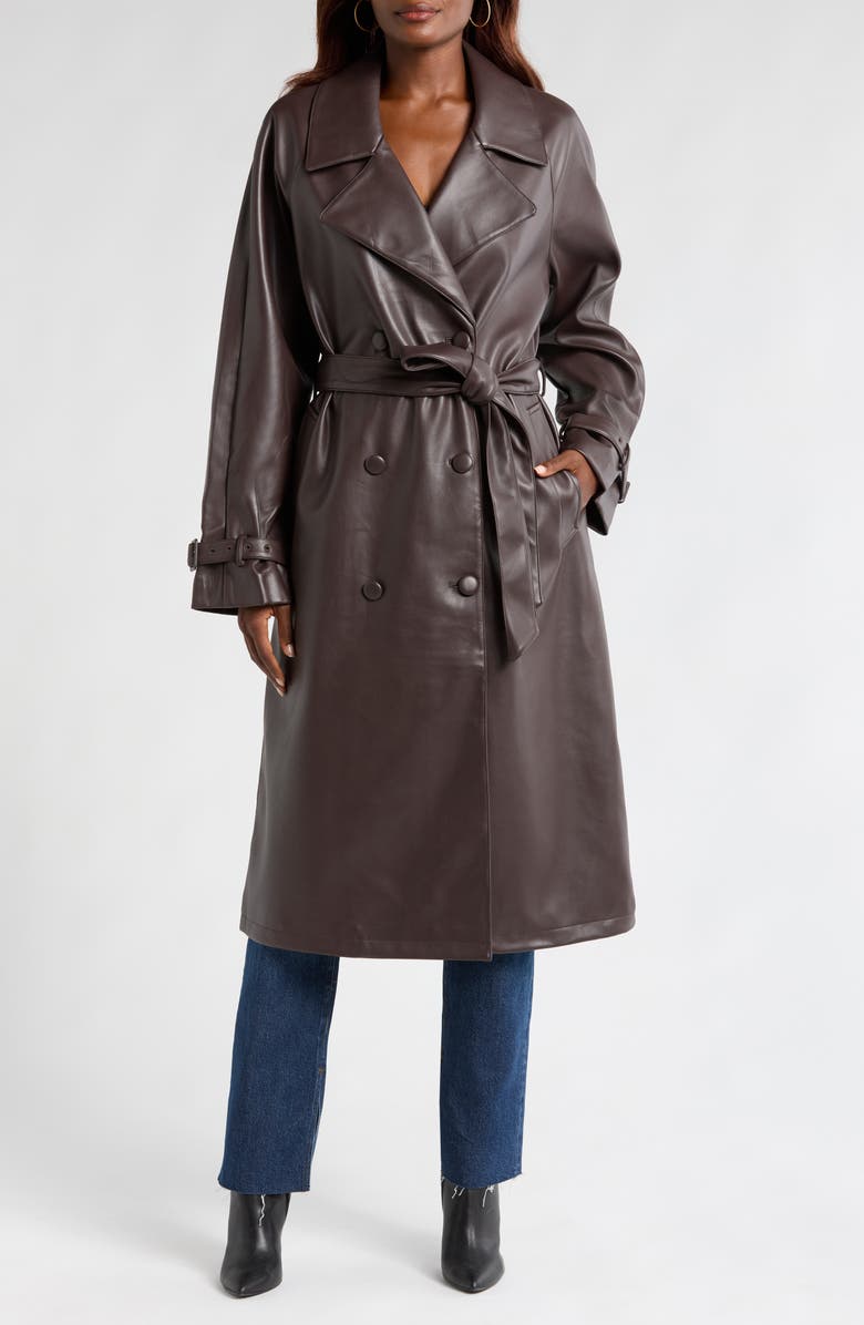 Good American Better Than Leather Faux Leather Tie Belt Trench Coat, Alternate, color, 
