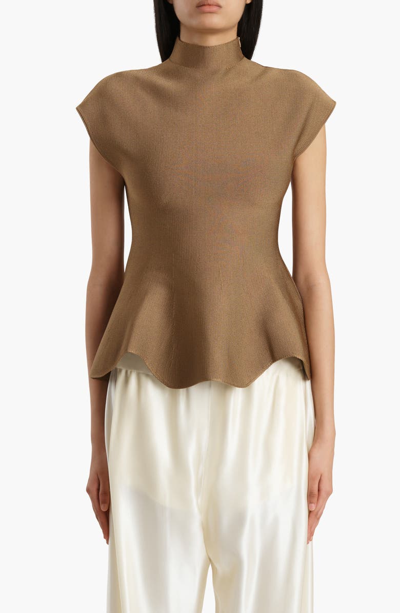 Khaite Andra Mock Neck Peplum Knit Top, Main, color, Carob