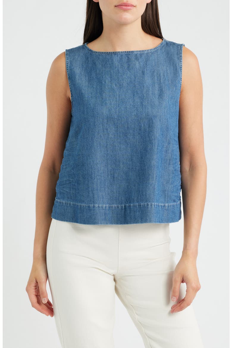 Denim Sleeveless Shell, Main, color, DISTRESSED INDIGO WASHED DENIM